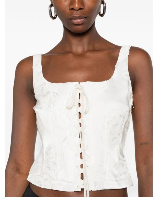 McQueen White Lace-Up Floral-Jacquard Top