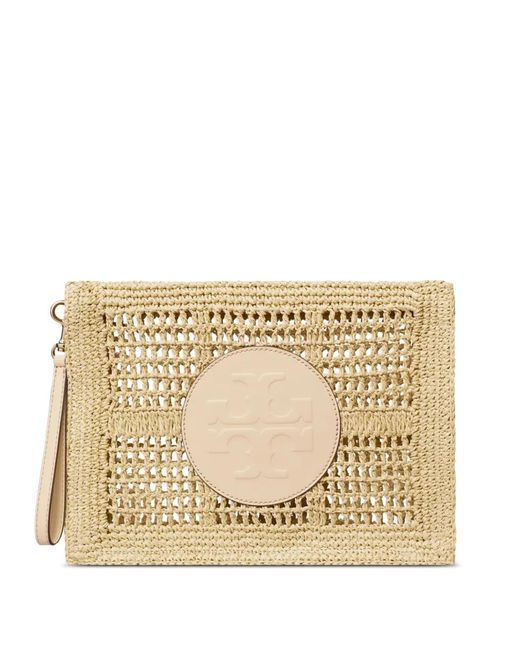 Tory Burch Natural Logo-Patch Woven Clutch Bag