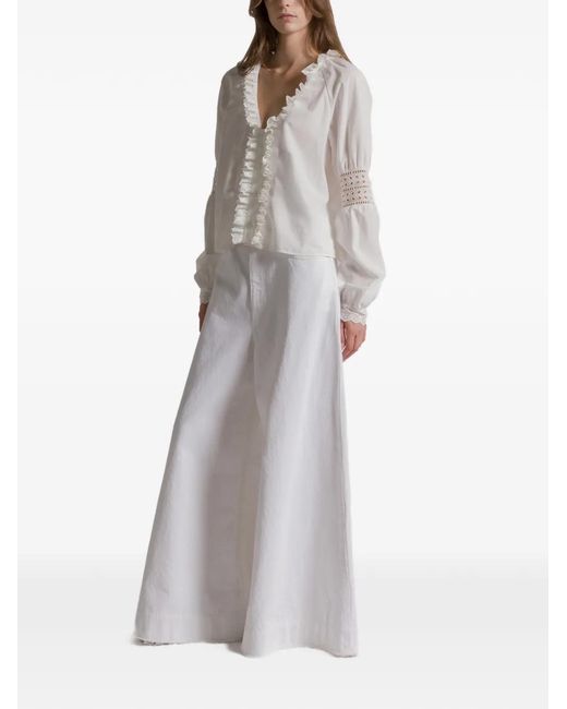 Alberta Ferretti White Blouse Volantée À Col V