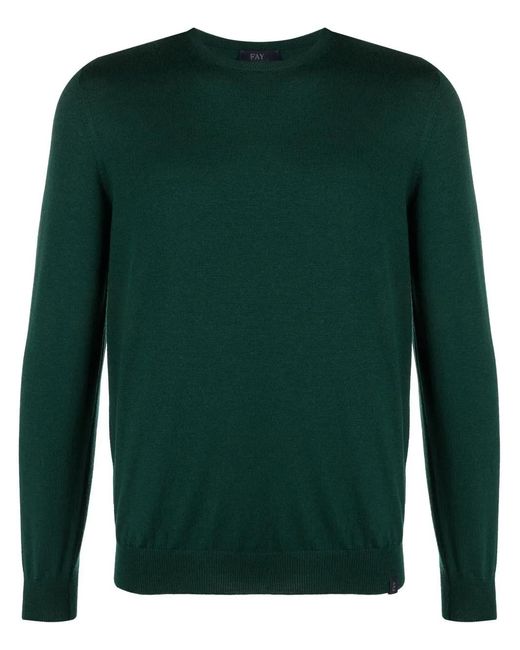 Fay Green Fine-Knit Ribbed-Trim Jumper for men