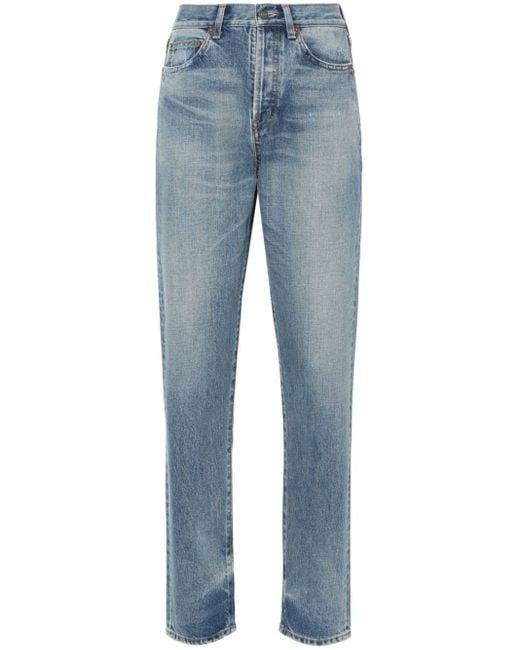 Saint Laurent Blue High-Waist-Jeans im Distressed-Look