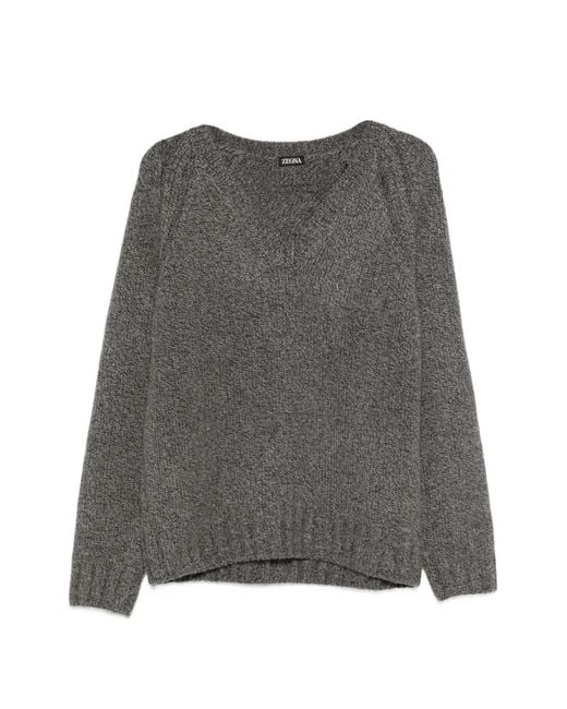 Zegna Gray V-Neck Sweater for men