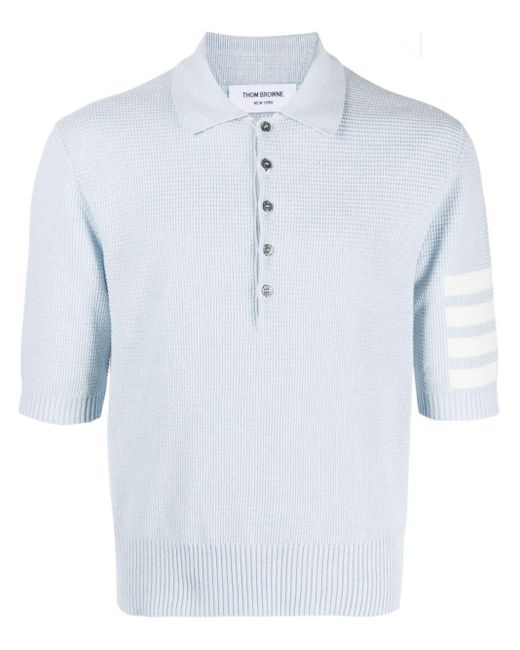 Thom Browne Waffelstrick-Poloshirt mit 4-Streifen-Logo in Blue für Herren