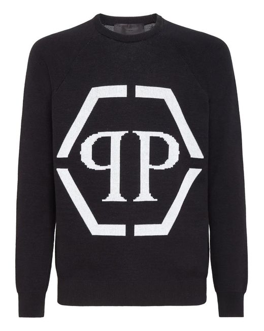 Philipp Plein Blue Intarsia-Logo Crewneck Jumper for men