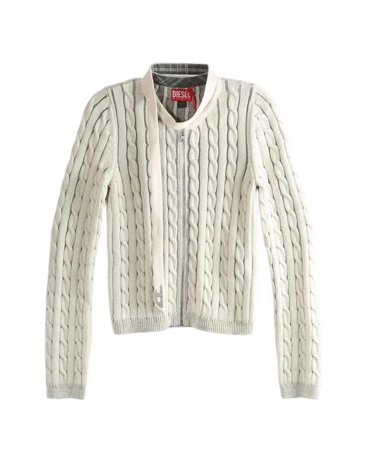 DIESEL White Cable-Knit Zip Cardigan