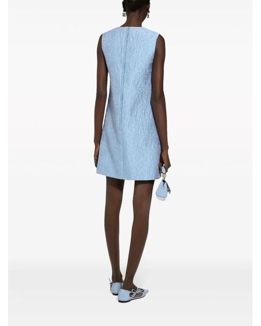 Dolce & Gabbana Blue Short Floral Quilted Jacquard A-Line Dress