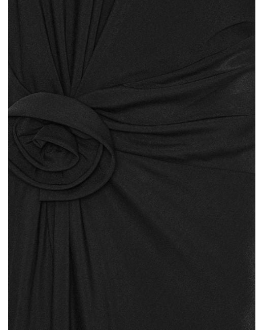 ROTATE BIRGER CHRISTENSEN Black Long Satin-Feel Dress With Side Slit, Rose Detail & Tie Neck Open Back