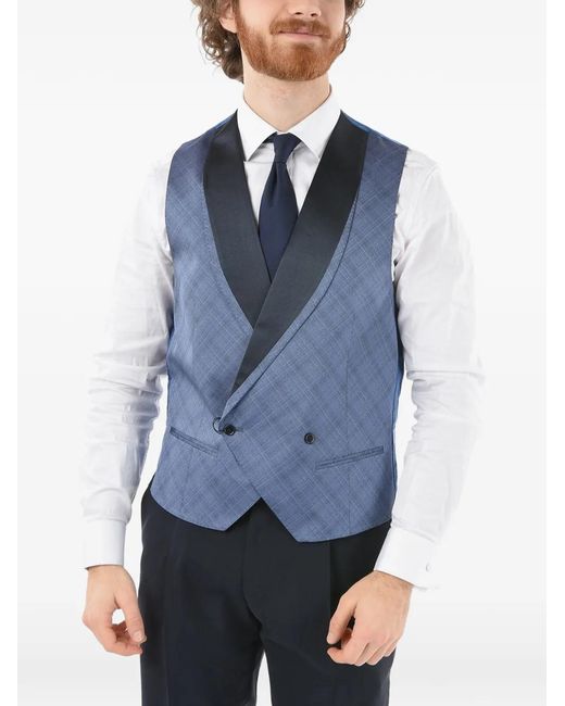 Corneliani Blue Checked Double-Breasted Waistcoat for men