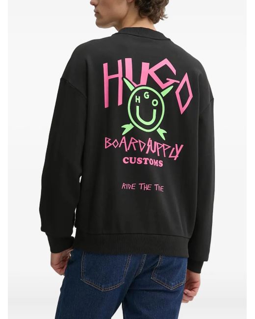 HUGO Black Happy-Logo Cotton Sweatshirt for men