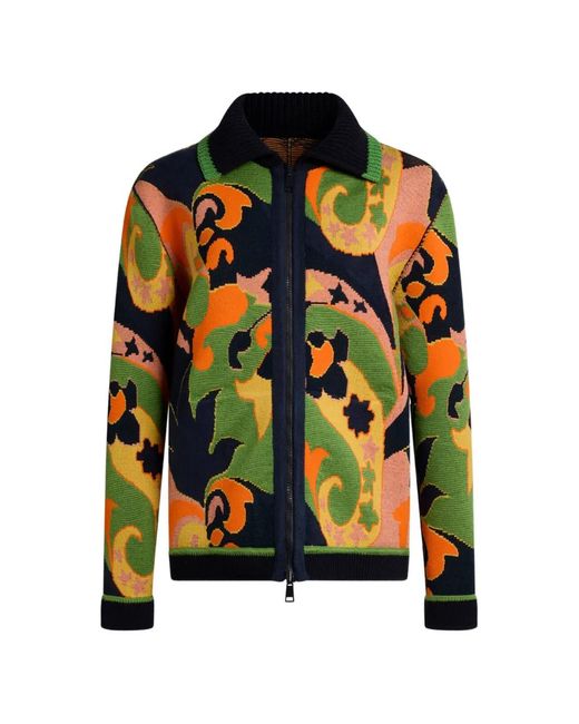 Etro Green Jacquard Cardigan With Zip And Floral Paisley Motif