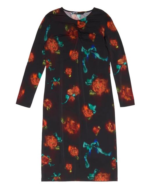 Bimba Y Lola Women's Black Ruched Floral-Pattern Midi Dress