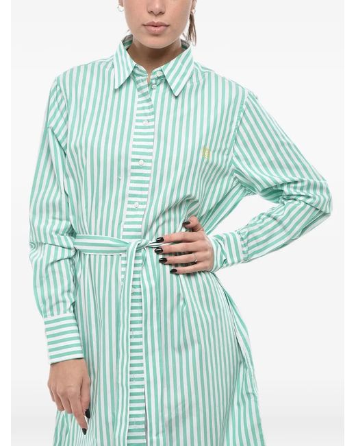 Ines De La Fressange Paris Green Awning-Striped Belted Shirt Dress