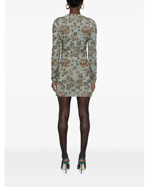 Saint Laurent Blue Floral-Brocade Long-Sleeves Mini Dress