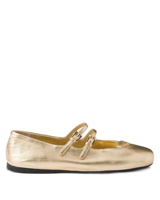 Prada Natural Straped Logo Ballet Flats