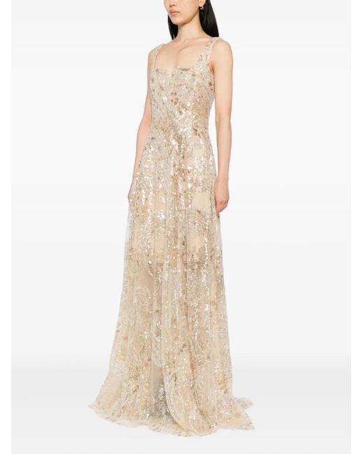 Saiid Kobeisy Natural Sequin-Embellished Long Dress