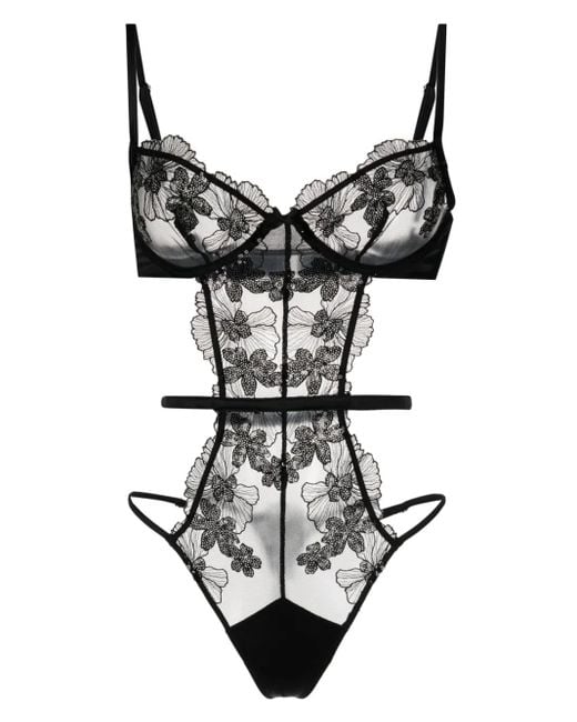 Fleur du Mal Black Sequin Floral-Lace Bodysuit