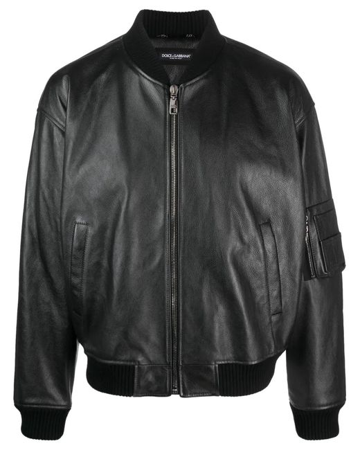 Dolce & Gabbana Black Leather Zip-Up Bomber Jacket for men