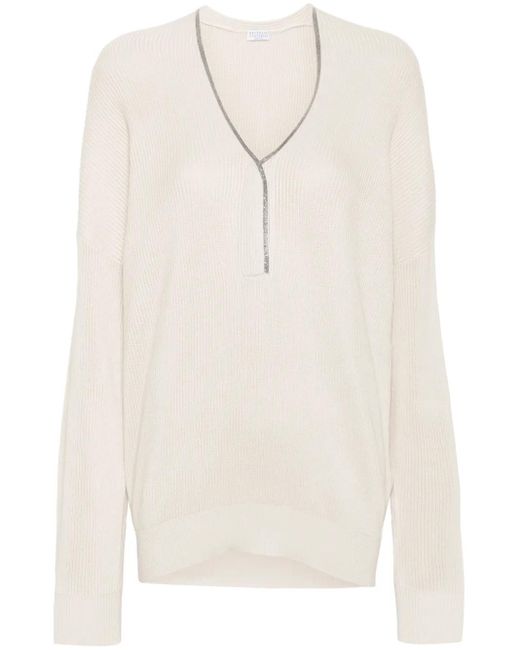 Brunello Cucinelli White Monili-Chain Ribbed Jumper