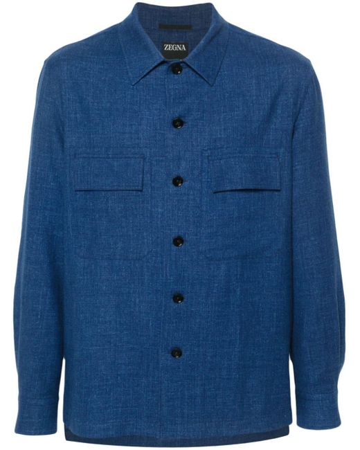 Zegna Blue Tonal-stitching Cashmere-linen Shirt for men