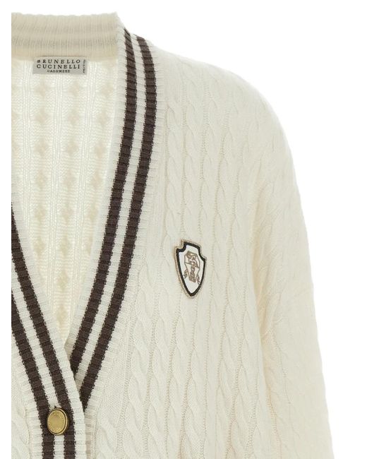 Brunello Cucinelli Natural Braided Cashmere Cardigan With Logo Patch