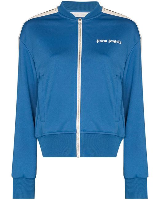 Palm Angels Blue Logo Print Zipped Bomber Jacket