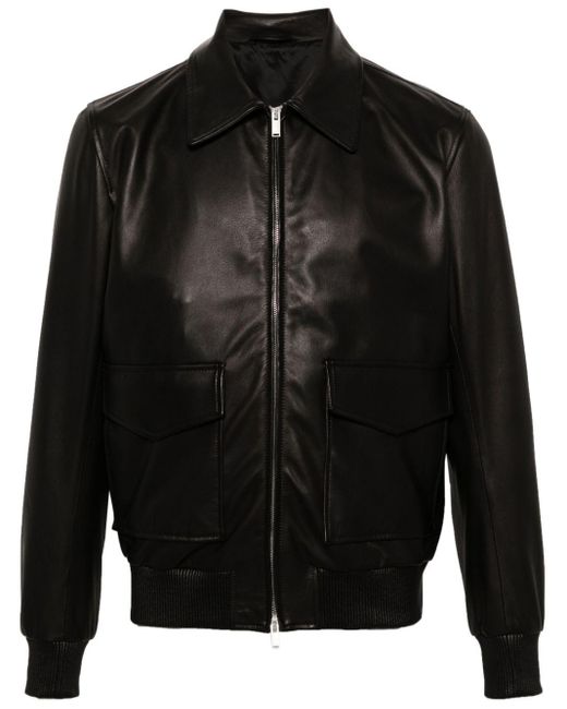 Lardini Black Zip-Up Leather Bomber Jacket for men