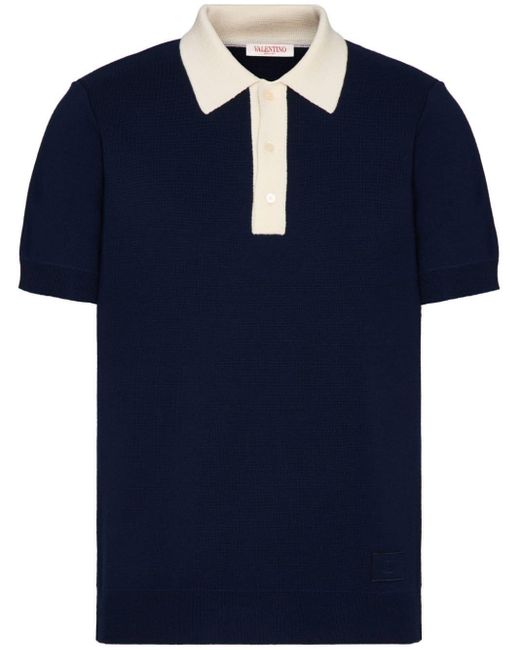 Valentino Garavani Blue Contrast-trim Fine-knit Polo Shirt for men