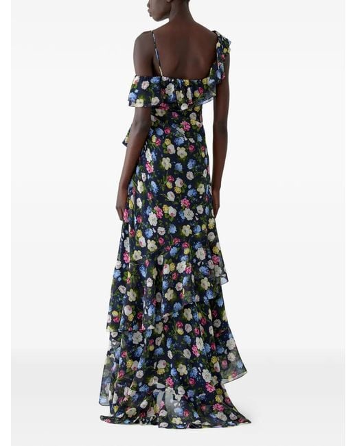 Carolina Herrera White Floral-Print Ruffled Silk Asymmetric Dress
