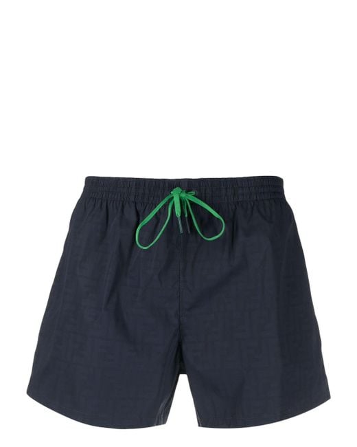 Fendi Blue Monogram-pattern Drawstring Swim Shorts for men