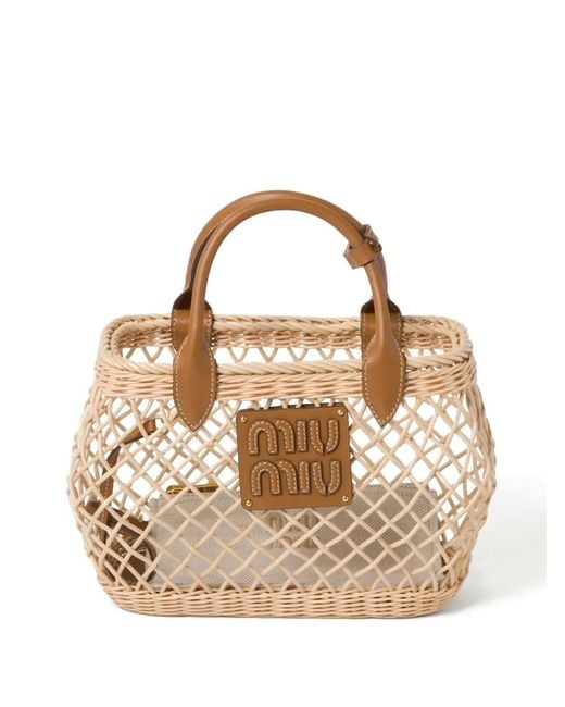 Miu Miu Metallic Logo-Appliqué Interwoven Tote Bag