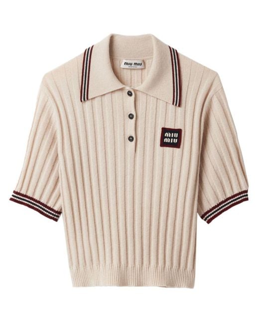 Miu Miu Natural Ribbed-Knit Cashmere Polo Shirt