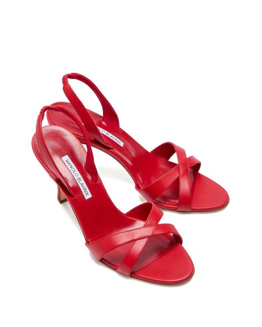Manolo Blahnik Red Callasli 90 Leather Slingback Sandals