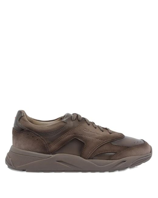 Santoni Brown Innova Leather Suede Sneakers for men