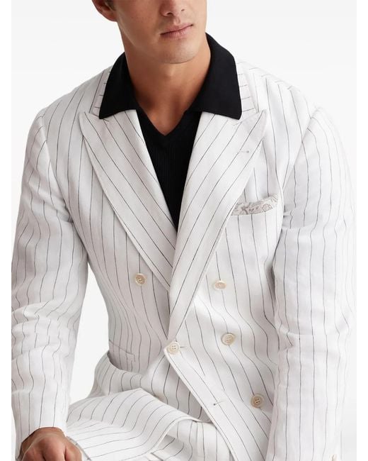 Brunello Cucinelli White Pinstripe-Print Linen Blazer for men