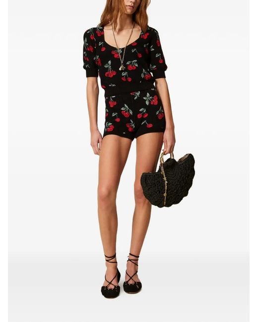 Twinset Black Cherry-Pattern Shorts