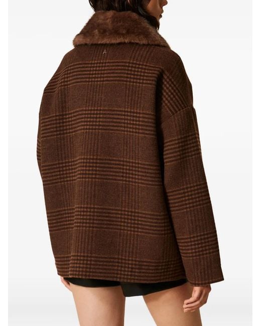 Twinset Brown Wool Cloth Check Caban Coat With Faux Fur