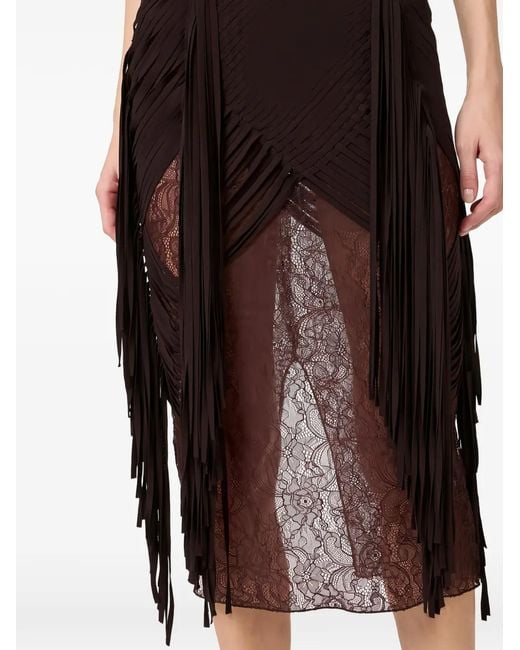 Elisabetta Franchi Black Floral-Lace Fringed Midi Skirt