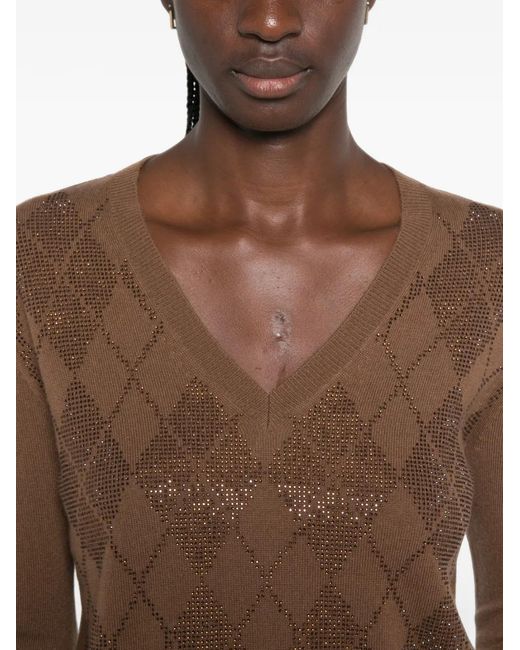 Max Mara Brown Argyle-Pattern Stud-Embellished Sweater