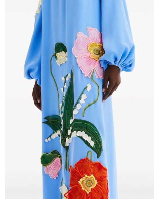 Oscar de la Renta Blue Painted Poppies & Lily-embroidered Kaftan Maxi Dress