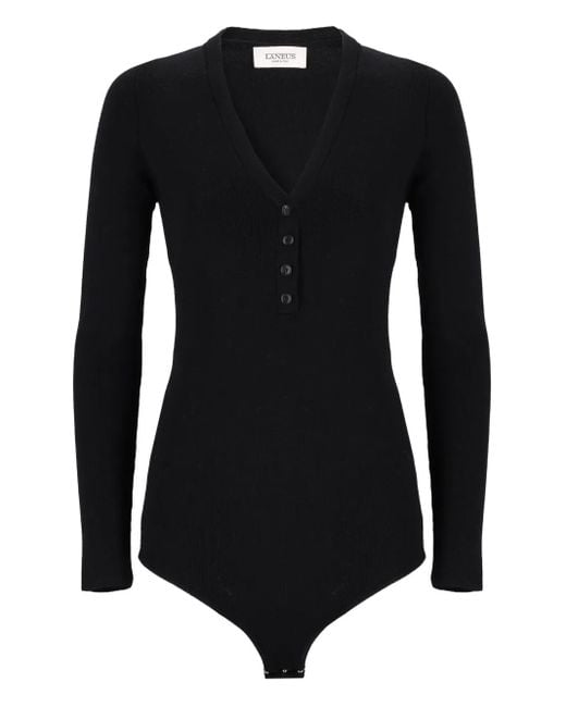 Laneus Black Ribbed V-Neck Buttoned Bodie