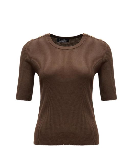 Max Mara Brown Ribbed-Knit Button-Detail Sweater
