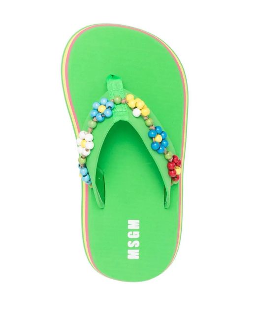 MSGM Green Bead-Embellished Flip Flops