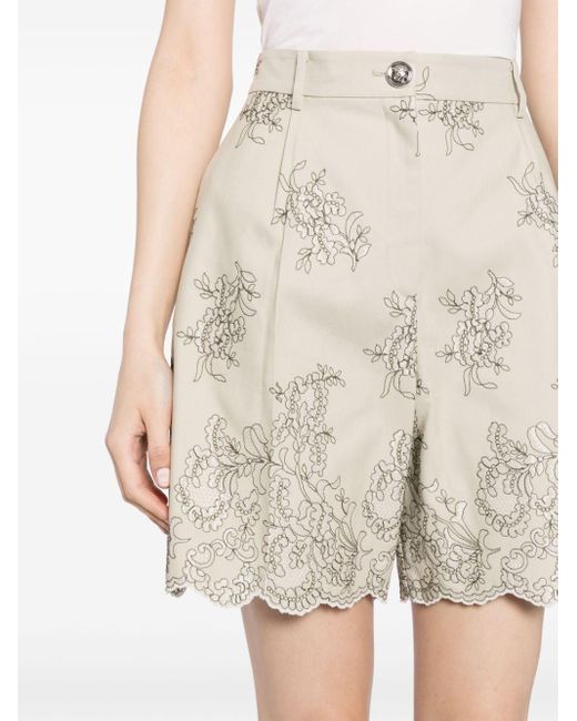 Giambattista Valli Natural Floral-embroidered High-waist Shorts