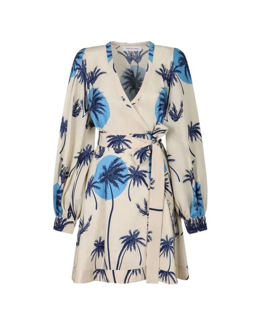Raquel Diniz Blue V-Neck Palm Tree Mini Dress