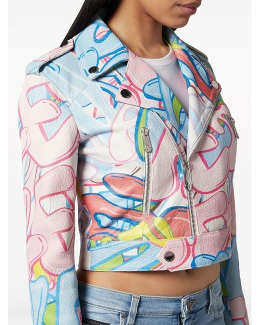 Philipp Plein Blue Graffiti-Logo Cropped Leather Biker Jacket