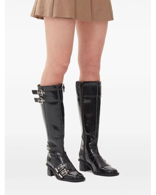Ganni Black Double-Buckle Knee-High Boots