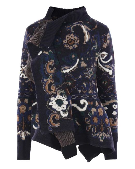 Sacai Blue Patterned Ruffled Wool Sweater
