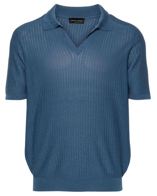 Roberto Collina Blue Split-neck Ribbed Polo Shirt for men