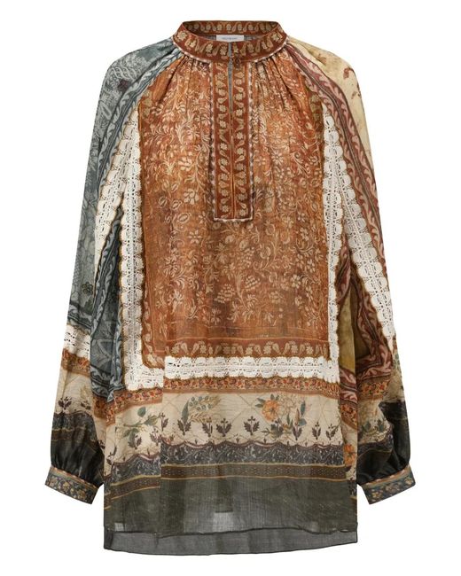 Into The East Brown Patchwork-Motif Top