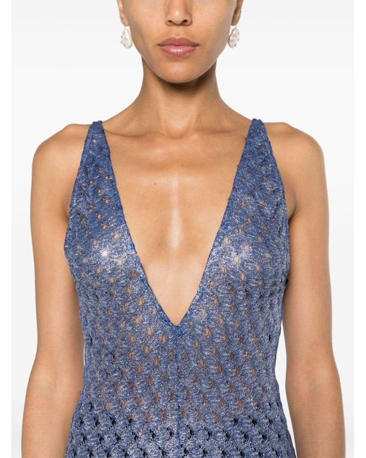 【MISSONI】crochet-knit ホールターネック maxi ドレス Missoni Signature Zig Zag Metallic Crochet Knit Halterneck